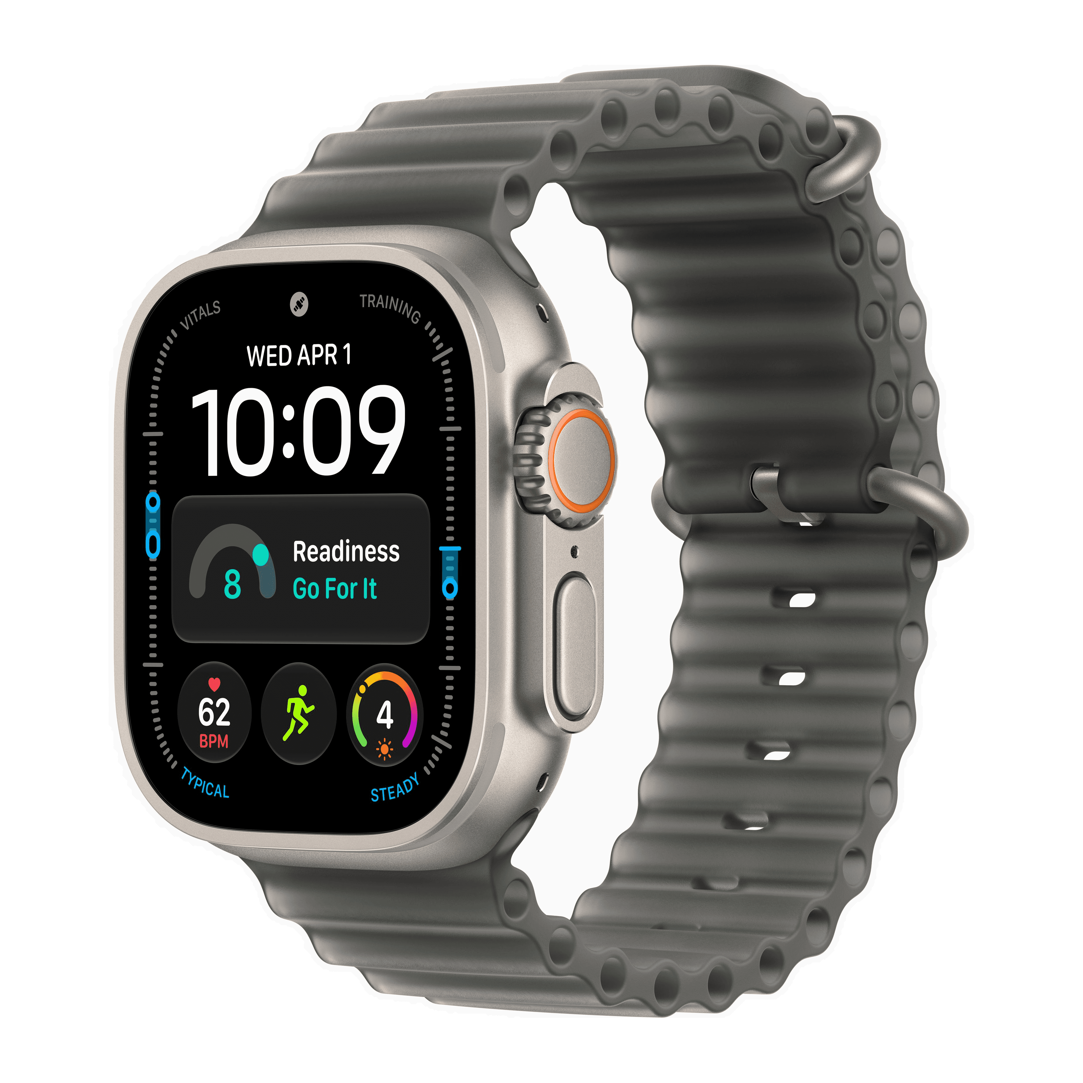 Apple Watch Ultra 4 GPS + Cellular 49mm Natural Titanium Case, Translucent Black Ocean Band Side view
