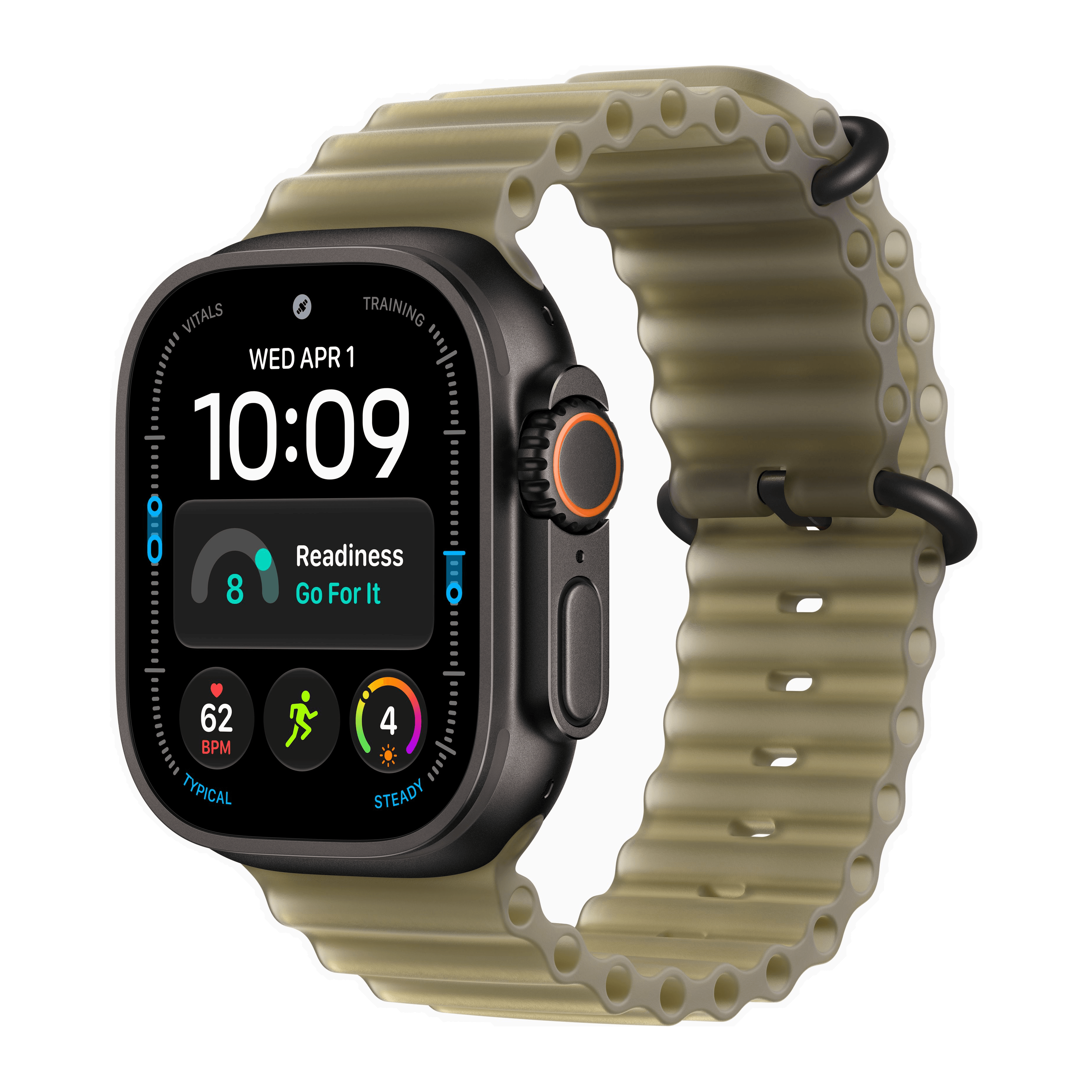 Apple Watch Ultra 4 GPS + Cellular 49mm Black Titanium Case, Translucent Kelp Ocean Band Side view
