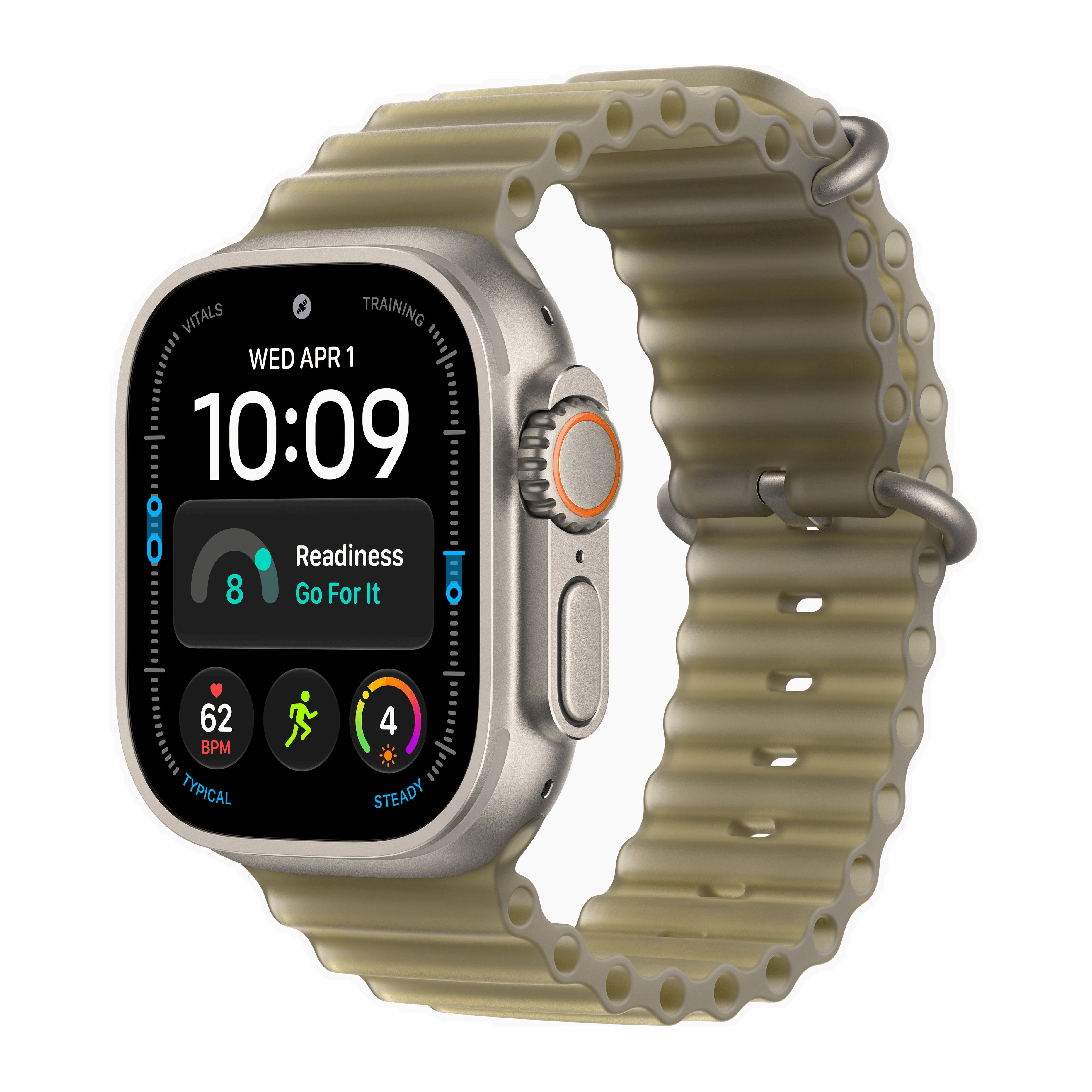 Apple Watch Ultra 4 GPS + Cellular 49mm Natural Titanium Case, Translucent Kelp Ocean Band Side view