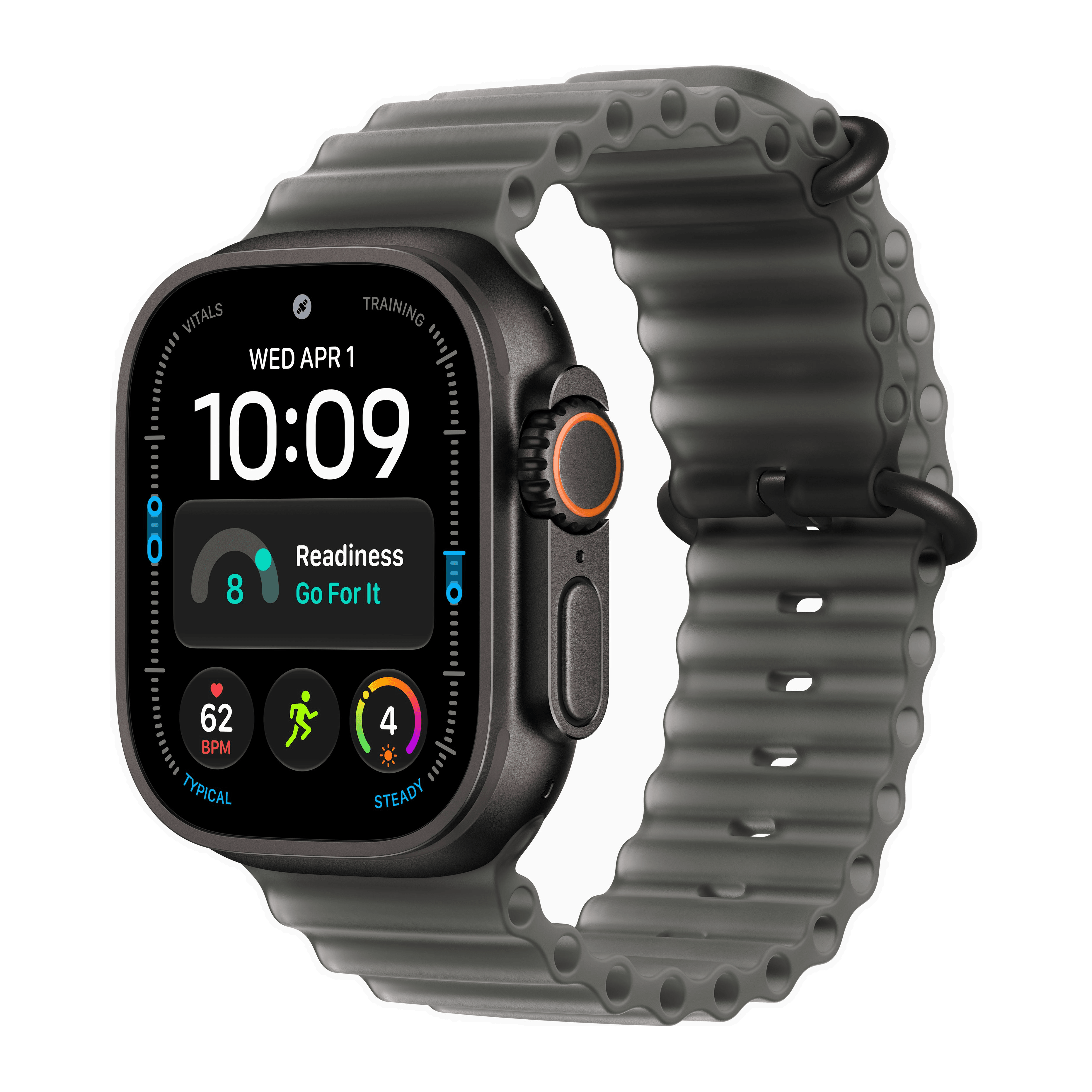 Apple Watch Ultra 4 GPS + Cellular 49mm Black Titanium Case, Translucent Black Ocean Band Side view
