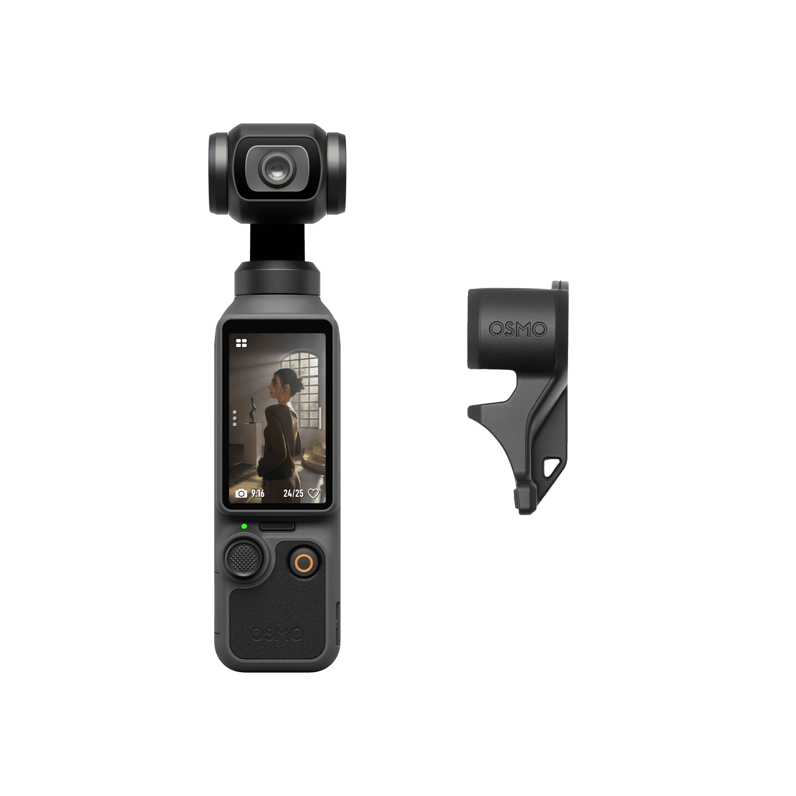 DJI Osmo Pocket 4 Creator Combo — черный — Pocket 4 front with included gimbal clip