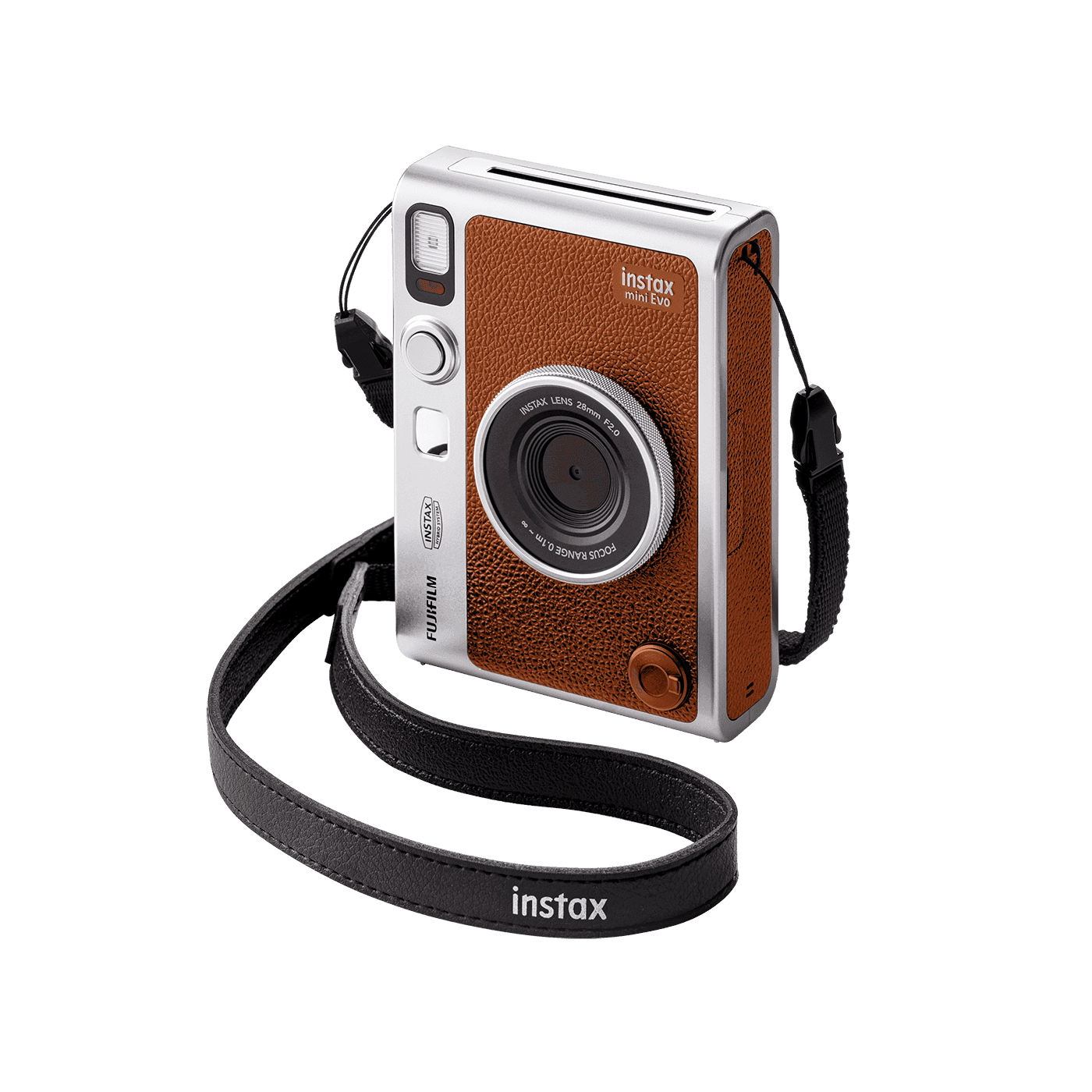 Fujifilm Instax Mini EVO — brown — front-three-quarter-with-strap