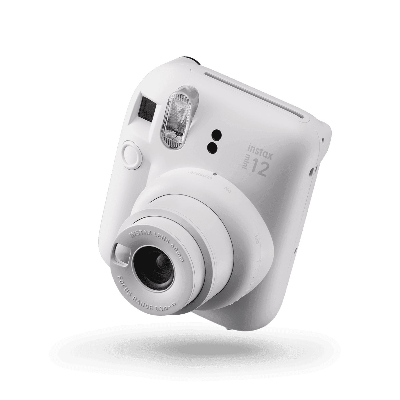 Fujifilm Instax Mini 12 — сlay white — front-three-quarter
