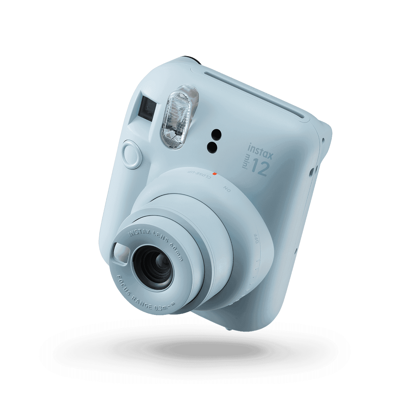Fujifilm Instax Mini 12 — pastel blue — front-three-quarter