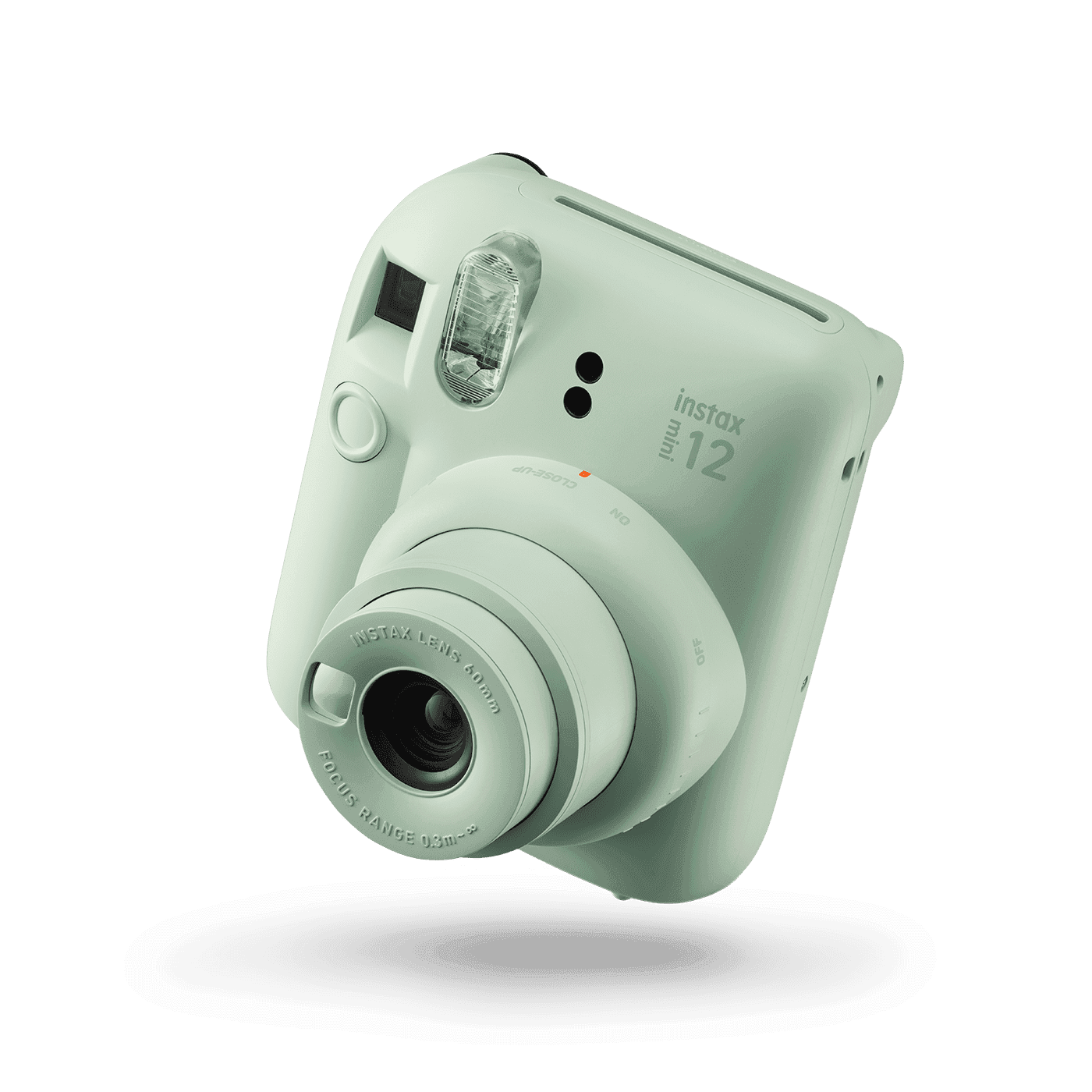 Fujifilm Instax Mini 12 — mint green — front-three-quarter
