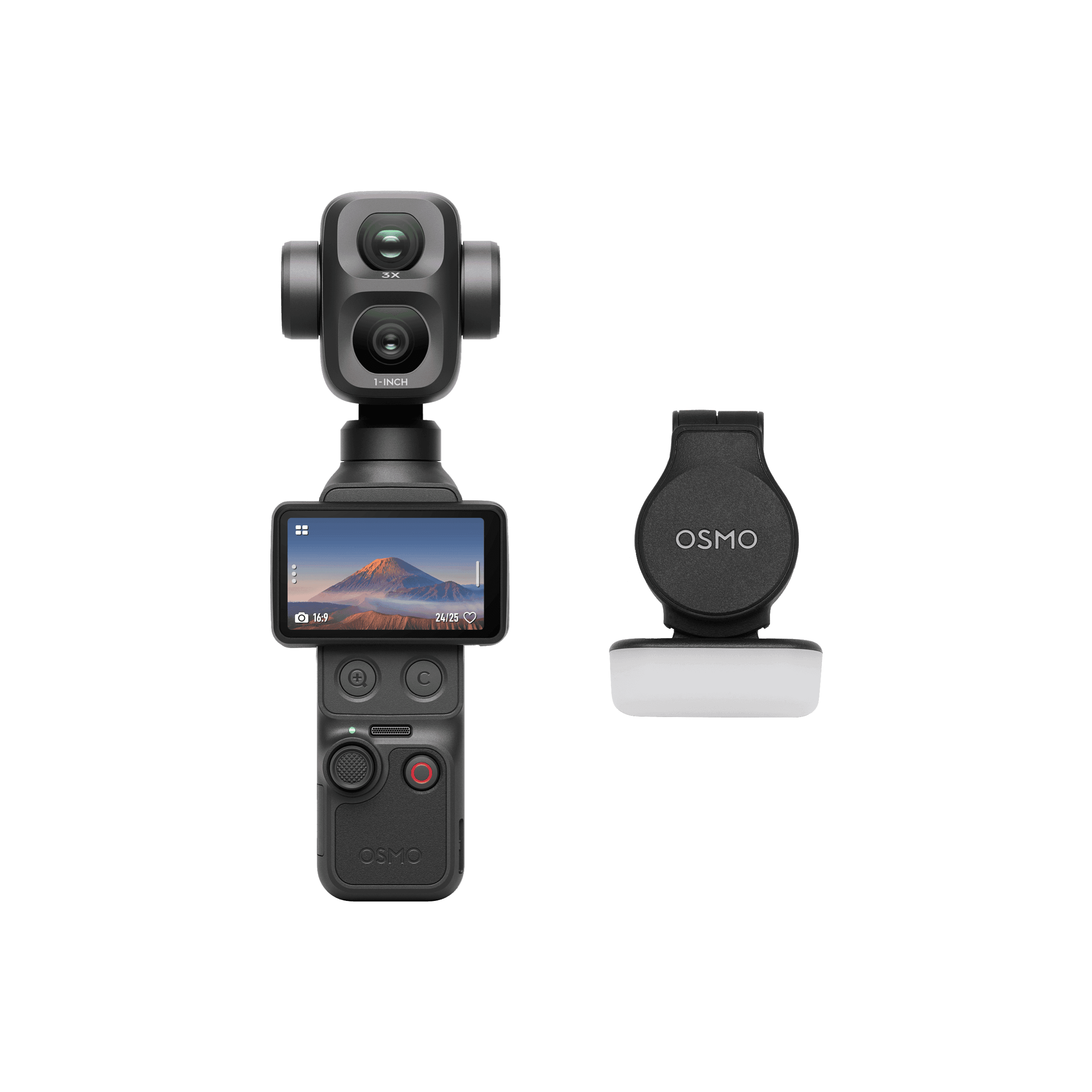 DJI Osmo Pocket 4P Standard Combo — черный — Pocket 4P front with included gimbal clip