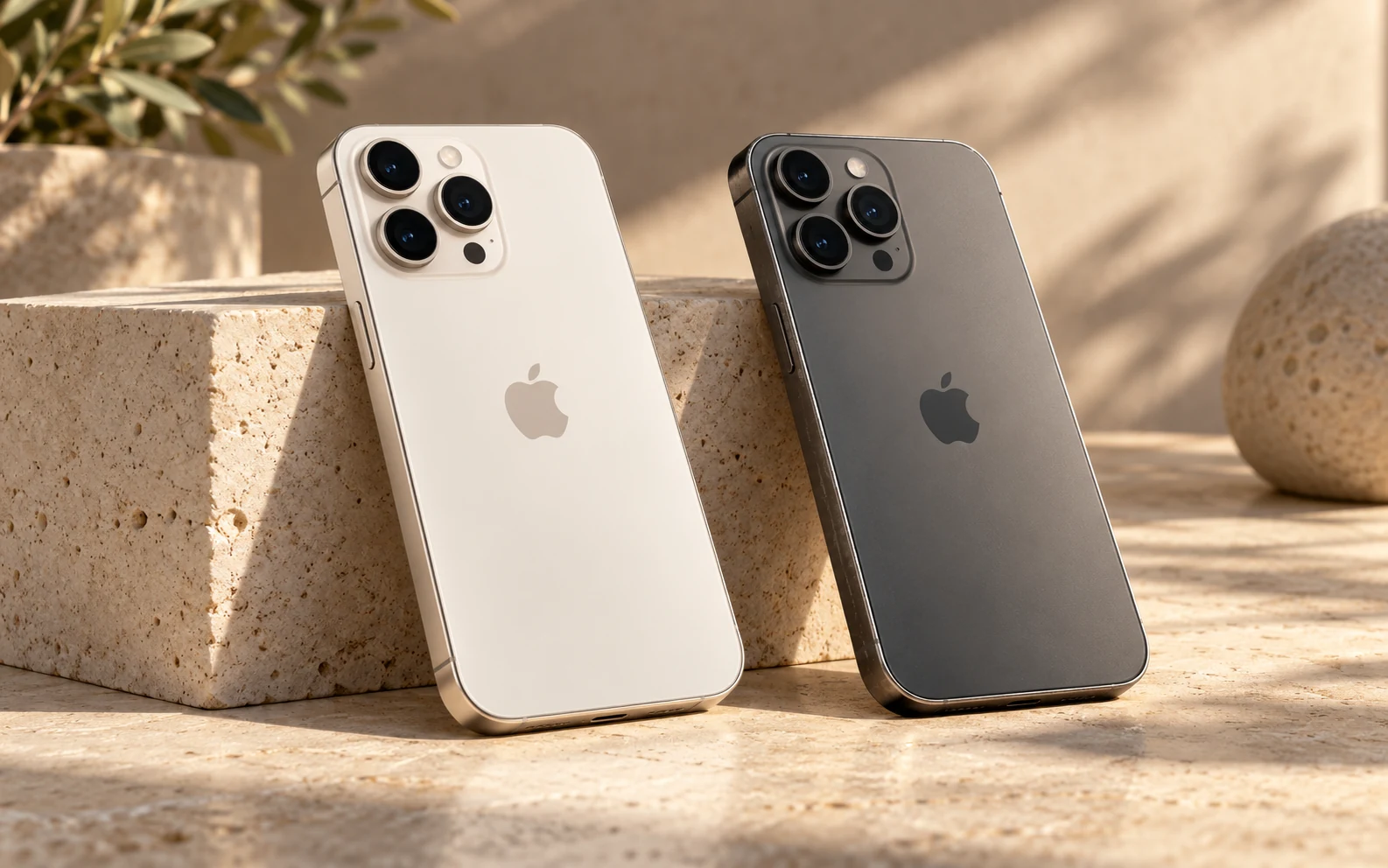 Концептуальная иллюстрация: светлый и графитовый iPhone на каменных подставках
