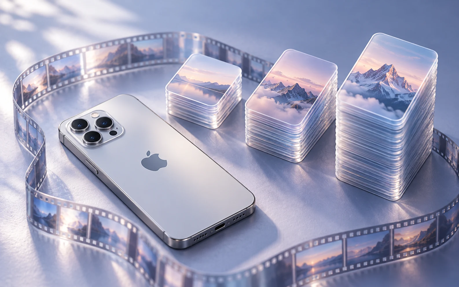 Концептуальная иллюстрация: iPhone рядом со стопками снимков и кинолентой